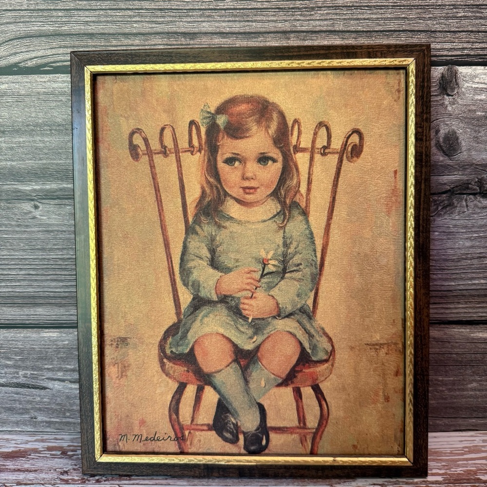 Vintage framed print titled "He Loves Me” by the artist M. Medeiros Little Girl